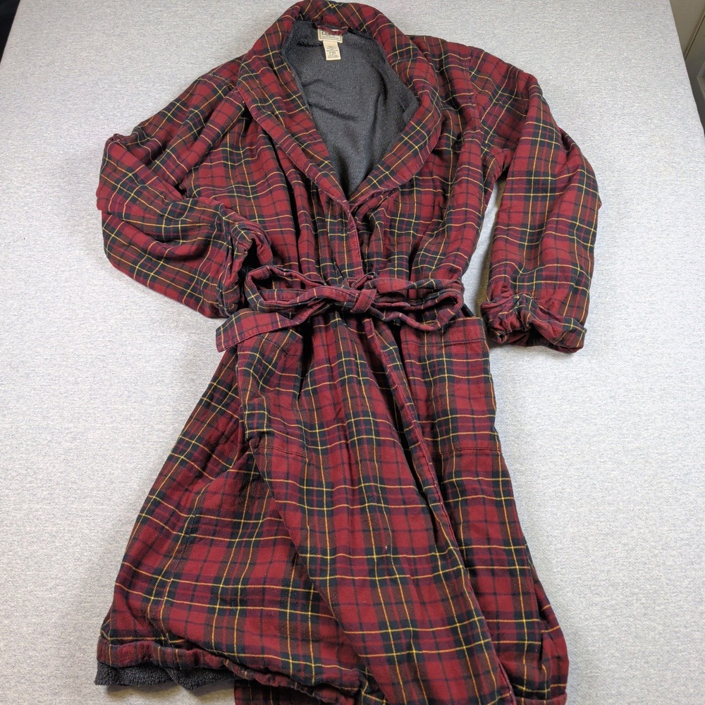 LL Bean Mens Flannel Robe Fleece Lined Red Plaid Cotton Pajamas Medium Regular - Picture 1 of 6